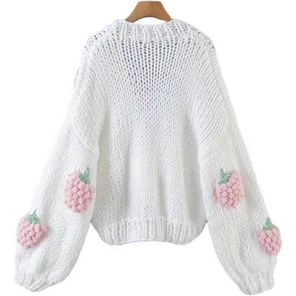 Women's Pink Knit Cardigan 100% Acrylic V Neck Button Embroidered Strawberry - Picture 2 of 6